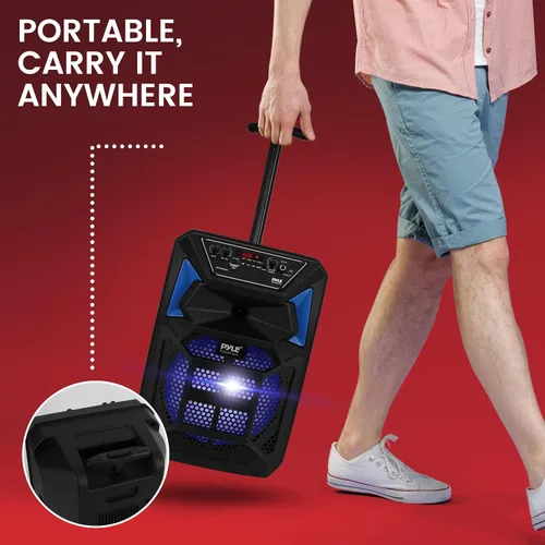Vista 6 de Pyle Altavoz PA Bluetooth y sistema de micrófono, altavoz de karaoke portátil con micrófono con cable, luces LED de fiesta integradas, radio FM