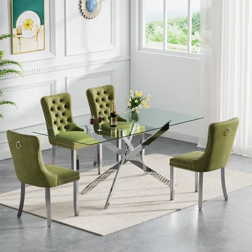 Vista 100 de Juego de mesa de comedor de cristal plateado moderno de 47 pulgadas para 2, juego de mesa de comedor de cocina redonda de 3 piezas con patas