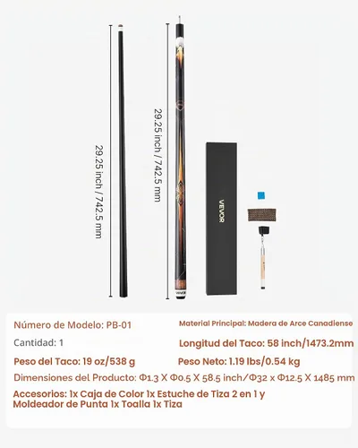 Vista 7 de VEVOR Taco de billar, palo de billar, palo de billar de 58 pulgadas con punta multicapa y anillo de conexión ABS, palos para mesa de billar