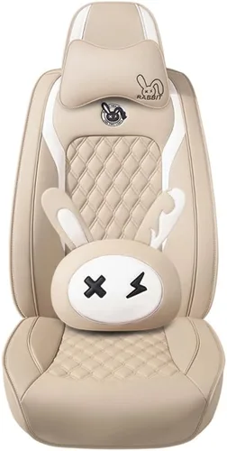 Vista 3 de Juego de fundas para asiento de lindo conejito, 5 piezas con cuero PU impermeable para autos, SUV, camionetas, ajuste universal (Beige)