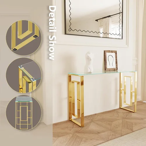 Vista 4 de Mesa consola de cristal, moderna mesa de entrada de 47.2 pulgadas, parte superior de vidrio con base de acero inoxidable, mesa de sofá estrecha