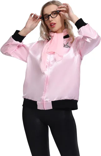 Vista 6 de Wizland Chaqueta de grasa rosa para mujer, disfraz de Halloween, cosplay, chaqueta de satén rosa de los años 50 con bufandas para el cuello y gafas