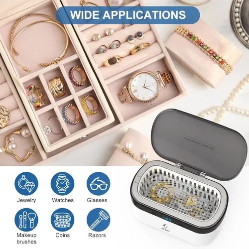 Vista 5 de Life Basis Limpiador ultrasónico de joyas portátil – Máquina de limpieza sónica de 500ML con limpieza profunda de 42kHz, 5 ajustes de temporizador