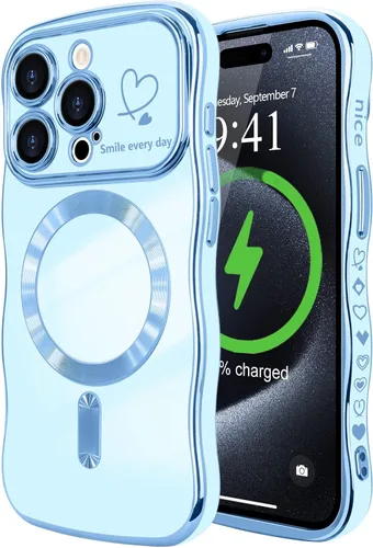 Vista 30 de LCHULLE - Funda magnética para iPhone 13 para mujeres y niñas, con forma ondulada, color azul bebé [Compatible with MagSafe] Cute Curly Wave, Love