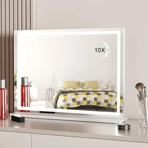 Vista 8 de Espejo de tocador de maquillaje con luces, 10 x grandes con 22 bombillas LED regulables, 3 modos de color, control táctil para dormitorio, mesa
