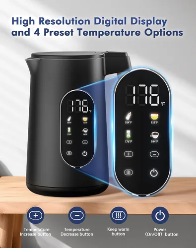Vista 3 de Hervidor eléctrico de 1,7 litros con 4 ajustes preestablecidos de temperatura, pantalla digital, caldera de agua con acero inoxidable 304, control