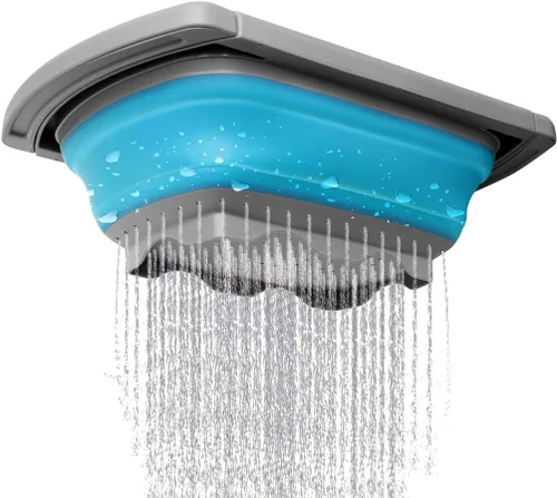 Vista 4 de Qimh Colador plegable, colador sobre el fregadero, coladores de alimentos con asas extensibles, 6 cuartos de galón, colador plegable de cocina apto