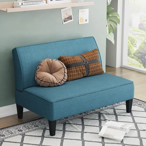 Vista 8 de Sofá biplaza pequeño, mini sofá azul, banco tapizado con respaldo para sala de estar, dormitorio, oficina, sin brazos