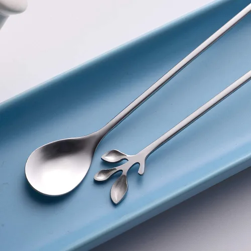 Vista 7 de AnSaw 10 cucharaditas de mango largo de 7.4 pulgadas, diseño de hoja plateada para cucharas de café y té, elegantes cucharas de acero inoxidable