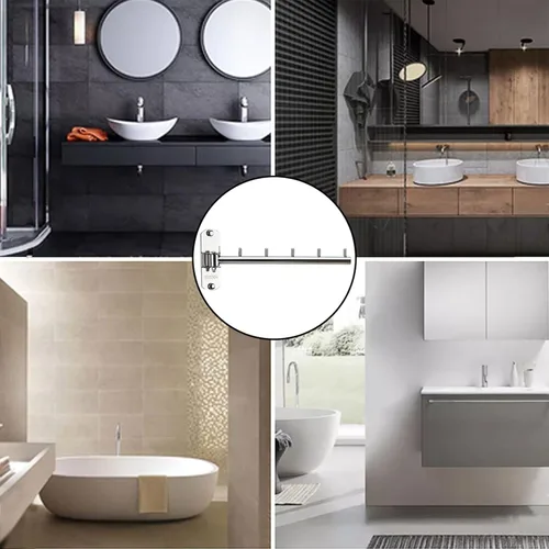 Vista 4 de Paquete de 2 percheros plegables de pared con brazo oscilante de acero inoxidable resistente para baño, dormitorio, cuarto de servicio