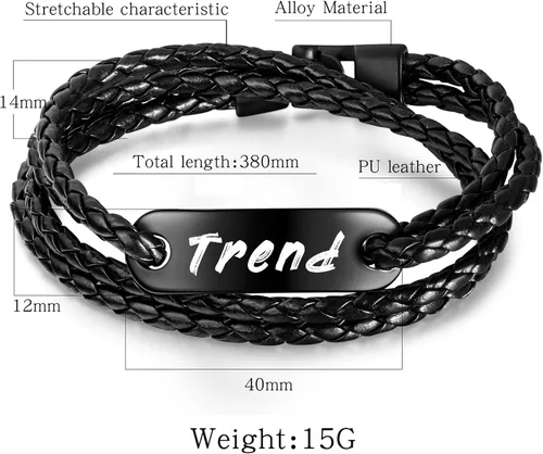 Vista 2 de GEAPRIE Pulsera de cuero personalizada con texto personalizado Pulsera de cuero PU para hombres de moda de tres capas, Cuero, Sin gemas.