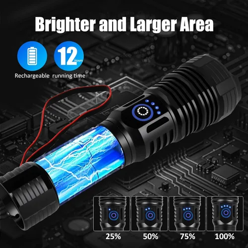 Vista 5 de Linterna recargable de 10000 lúmenes, IP67 impermeable 12H Runtime Batería recargable de 5000 mAh, 5 modos (alto/medio/bajo/estroboscópico/SOS)