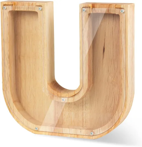Vista 25 de Alcancía con nombre personalizado, 26 letras láser con texto personalizado, banco de monedas de madera, significado educativo, alcancía con nombre