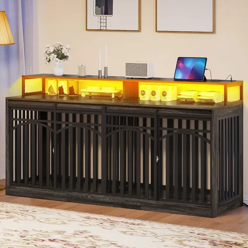 Vista 3 de DWVO 71" Double Dog Crate Furniture with LED Light & Power Outlets Soporte de TV doble resistente para perros con estantes y puertas correderas
