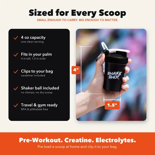 Vista 2 de Negro - Botella mezcladora mini de 4 oz para preentrenamiento, creatina, suplementos de cucharada pequeña (no para proteínas) con clip y bola