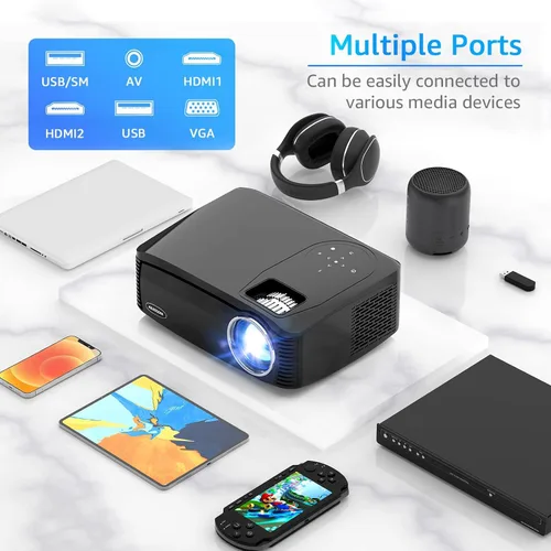 Vista 7 de Proyector grande ANSI 4500 con WiFi y Bluetooth, proyector de película de pantalla de 450 pulgadas con altavoz HIFI, proyectores 4K de alto brillo