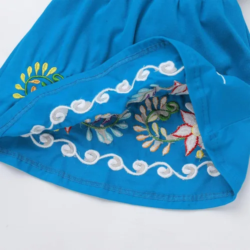 Vista 6 de FYMNSI Vestido mexicano para niñas pequeñas con bordado floral étnico mexicano, vestidos casuales con volantes, vestido de verano para vacaciones