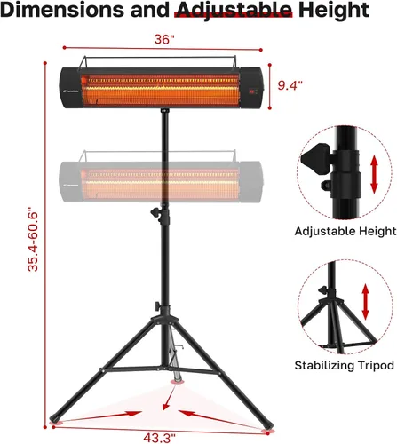 Vista 5 de ThermoMate Calentador Infrarrojo de Patio para Exteriores con Trípode, Eléctrico 1500W IP65 Impermeable con Control Remoto, 3 Niveles de Calefacción