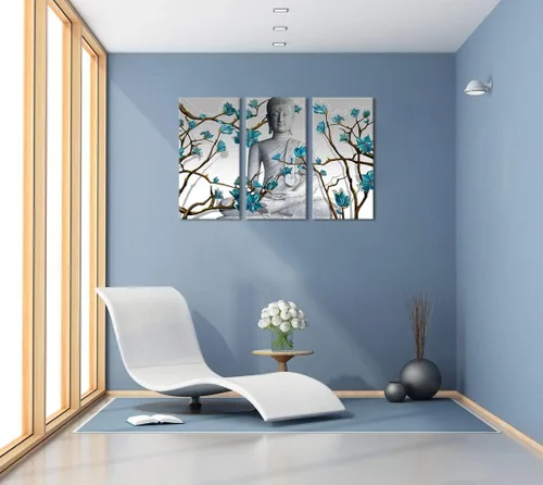 Vista 3 de Visual Art Decor 3 piezas de arte de pared de Buda estatua de Buda con flores azules abstractas, impresiones en lienzo para sala de estar