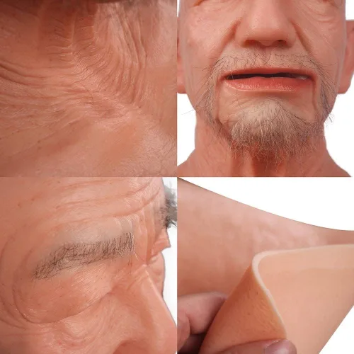 Vista 4 de YRZGSAWJ Máscara de anciano de silicona, máscara de broma de piel de cara real llamada William para Halloween Cosplay Beige