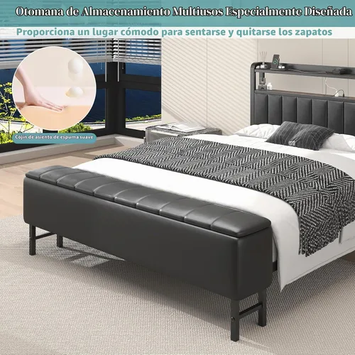 Vista 8 de Base de cama de plataforma de tamaño matrimonial con cabecera de almacenamiento, proyector de estrellas, color negro Charging Station, Heavy-Duty