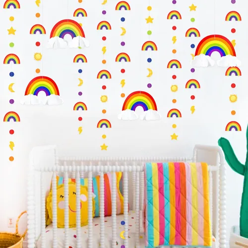Vista 5 de Decoraciones de fiesta de arco iris, nube 3D, círculo, puntos, estrella, luna, rayo, guirnalda colorida para cumpleaños, baby shower, boda