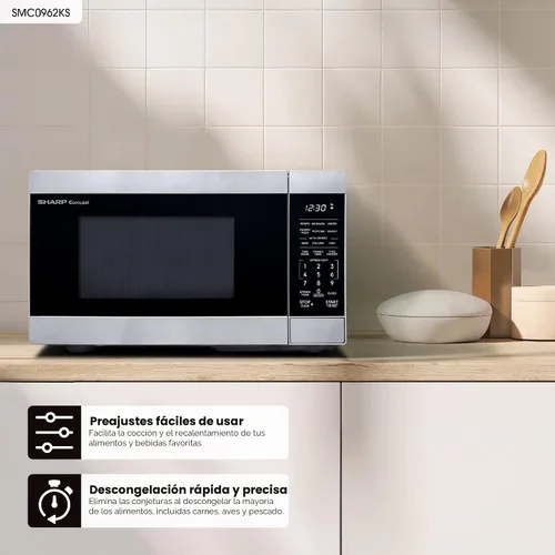 Vista 2 de Horno microondas de sobremesa SHARP con bandeja giratoria de carrusel extraíble de 10.6", 900 vatios, 0.9 pies cúbicos, acero inoxidable