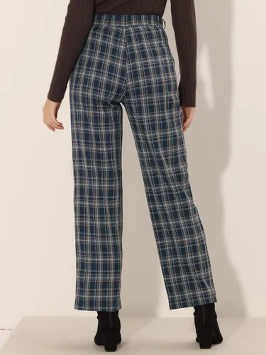 Vista 4 de Allegra K Pantalones a cuadros para mujer, cintura elástica, pantalones largos casuales para trabajo y oficina