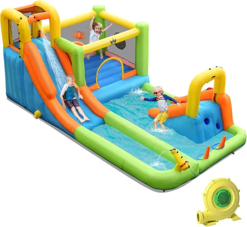 Vista 8 de BOUNTECH Tobogán acuático inflable, 7 en 1 doble tobogán para niños, parque acuático para niños, toboganes de agua inflables para exteriores