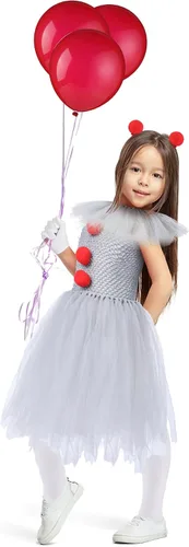 Vista 6 de Hercicy Disfraz de payaso de Halloween para niñas, incluye tutú, guantes, calcetines, globos, cintas para cosplay