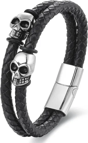 Vista 6 de Pulsera de cuero trenzado negro para hombre, acero inoxidable, dos encantos de calavera, gótica