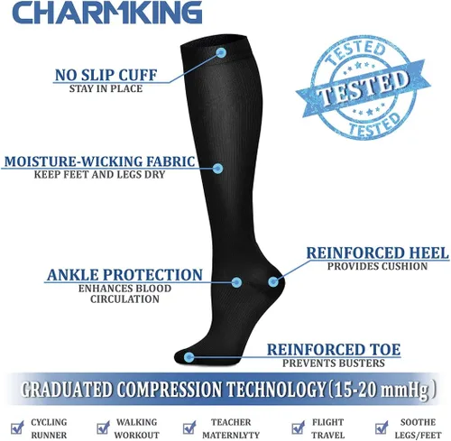Vista 5 de CHARMKING - Calcetines de compresión para mujeres y hombres (3 pares), 15-20 mm Hg, el mejor apoyo para atletismo, running o ciclismo, mejora