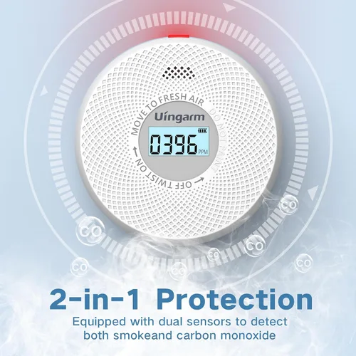 Vista 2 de Detector de humo y monóxido de carbono, detector de humo 2 en 1, indicadores de luz de advertencia LED, batería de 10 años (blanco, paquete de 3)