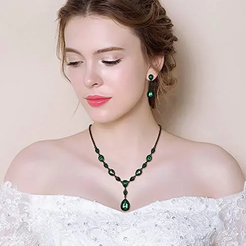 Vista 2 de EleQueen - Conjuntos de joyería con aretes colgantes de circonia cúbica en forma de lágrima con collar en Y para mujeres, damas de honor, novias