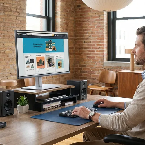 Vista 2 de Soporte elevador de monitor para escritorio, estante de escritorio de madera, organizador de almacenamiento con soporte para teléfono y tableta