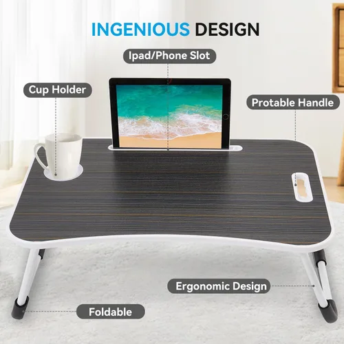 Vista 3 de BUYIFY Escritorio Plegable para Regazo, Escritorio Portátil de Madera Negra de 23 Pulgadas para Laptop en Cama con Portavasos, para Trabajar, Leer
