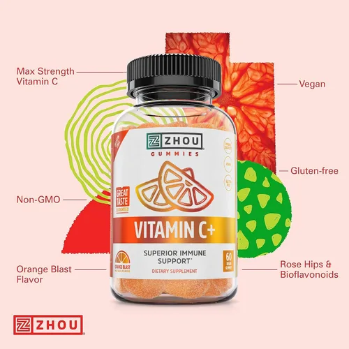 Vista 5 de Zhou Gomitas de vitamina C + - Gomitas de vitamina C para adultos y niños, 270 mg por gomita con bioflavinoides y acerola para apoyo inmunológico