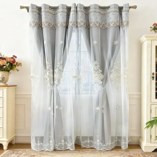Vista 11 de Amidoudou 1 Par de Cortinas Europeas de Doble Capa Cortinas Bordadas de Lujo para Sala de Estar Dormitorio (Beige, 52x90 Pulgadas)