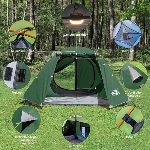 Vista 7 de Carpa de mochilero Camppal de 2-3 personas con puerta doble y 2 vestíbulos, impermeable, a prueba de viento, ligera, fácil de montar, para 3