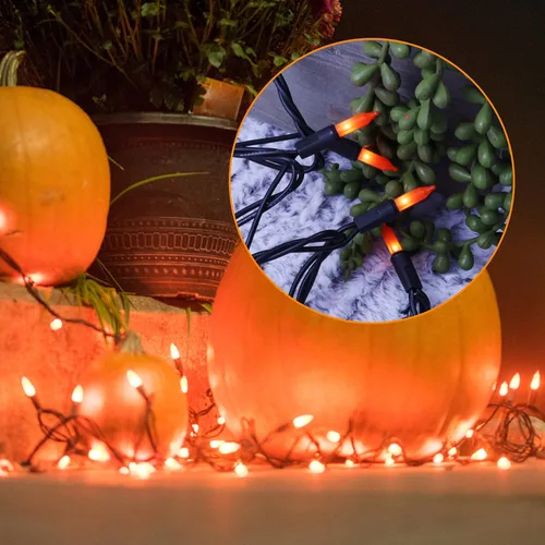 Vista 4 de Luces de Navidad naranjas para interiores o exteriores, 33 pies, 150 unidades de luces incandescentes de tamaño mini para Halloween, cadena de luces
