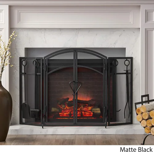 Vista 3 de Christopher Knight Home Darlene - Pantalla plegable de hierro moderno para chimenea con puerta y herramientas, color negro mate