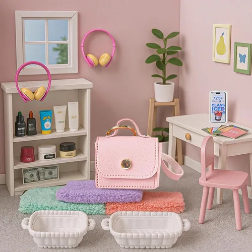 Vista 9 de Juego de 116 piezas de accesorios para casa de muñecas, herramientas de maquillaje, artículos de tocador de baño, bolso para bricolaje, micro