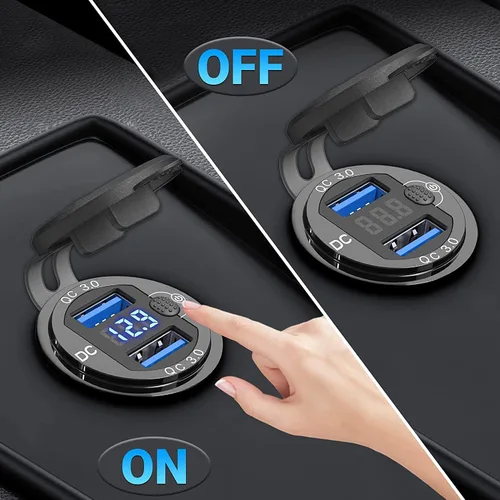 Vista 4 de [Carcasa de metal] Salida USB de 12 V Dual QC 3.0: Qidoe Enchufe de aluminio de 12 voltios para motocicleta con interruptor de botón voltímetro LED