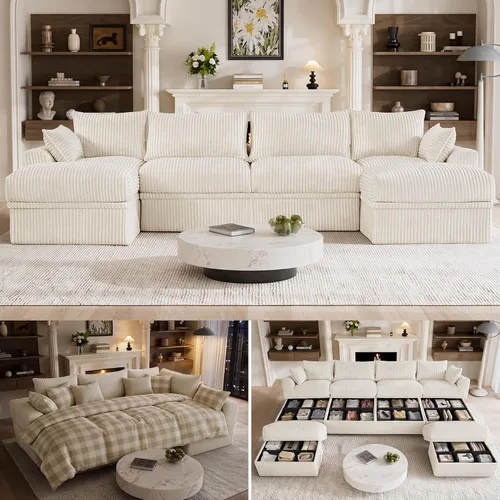 Vista 11 de Sofá modular sin hueso de 122 pulgadas con almacenamiento, sofá nube en forma de U con asiento extra profundo, sofás seccionales de pana de 6 plazas