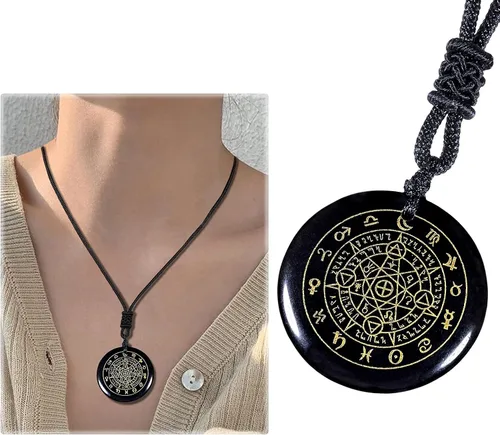 Vista 4 de SUNYIK Collar de piedra de obsidiana negra grabada para mujeres y hombres curativos amuleto de cristal redondo colgante de piedra para protección