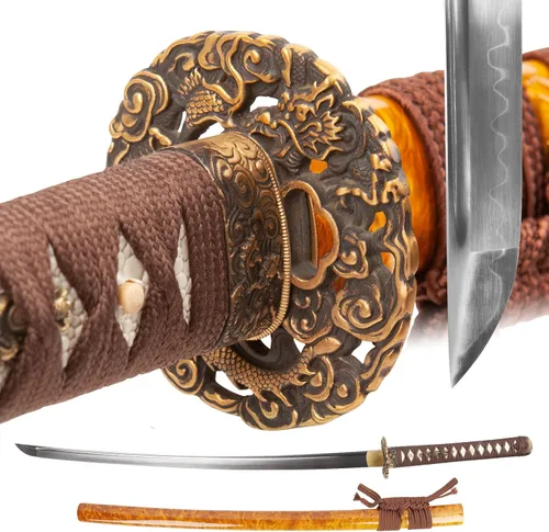 Vista 2 de Espada samurái real forjada a mano con acero T10 templado con arcilla, espada Katana de espiga completa afilada, 41 pulgadas Full Tang Katana