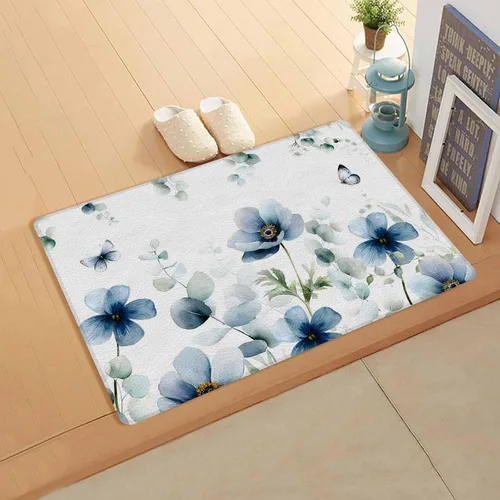 Vista 2 de Elegante tapete acolchado para puerta de baño y cocina, diseño de tulipán, color verde azulado, lavable, tapete para fregadero de piso, impermeable