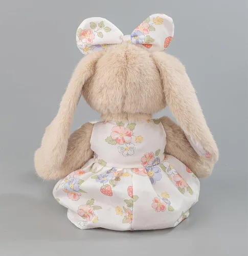 Vista 4 de Conejito de peluche de 14 pulgadas, conejo beige con vestido floral de fresa y lazo, regalo de conejo de Pascua suave para niñas, decoración
