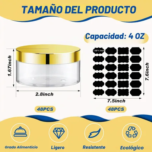 Vista 2 de Paquete de 48 tarros de plástico transparente de 4 onzas con tapas a prueba Transparente con tapas doradas