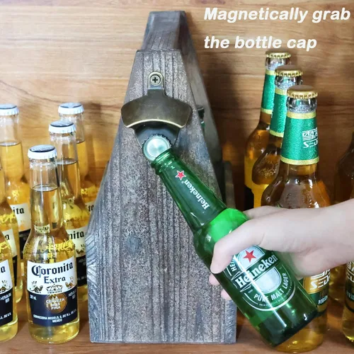 Vista 3 de Abrebotellas magnético vintage para colocar en la pared, con imanes, bronce antiguo (paquete de 2)